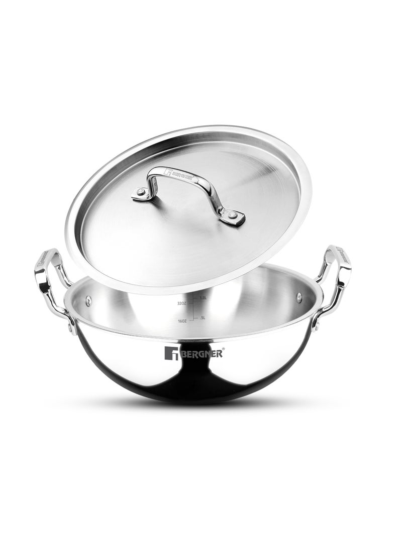 Bergner TriPro 30cm (6L) Tri-Ply Stainless Steel Deep Stir-Fry Pan, Kadai with Lid, Healthy Cooking with Less Oil, Metal Spatula Friendly Wok, Stay-Cool Handles, Induction & Gas Stove Compatible - Image 1